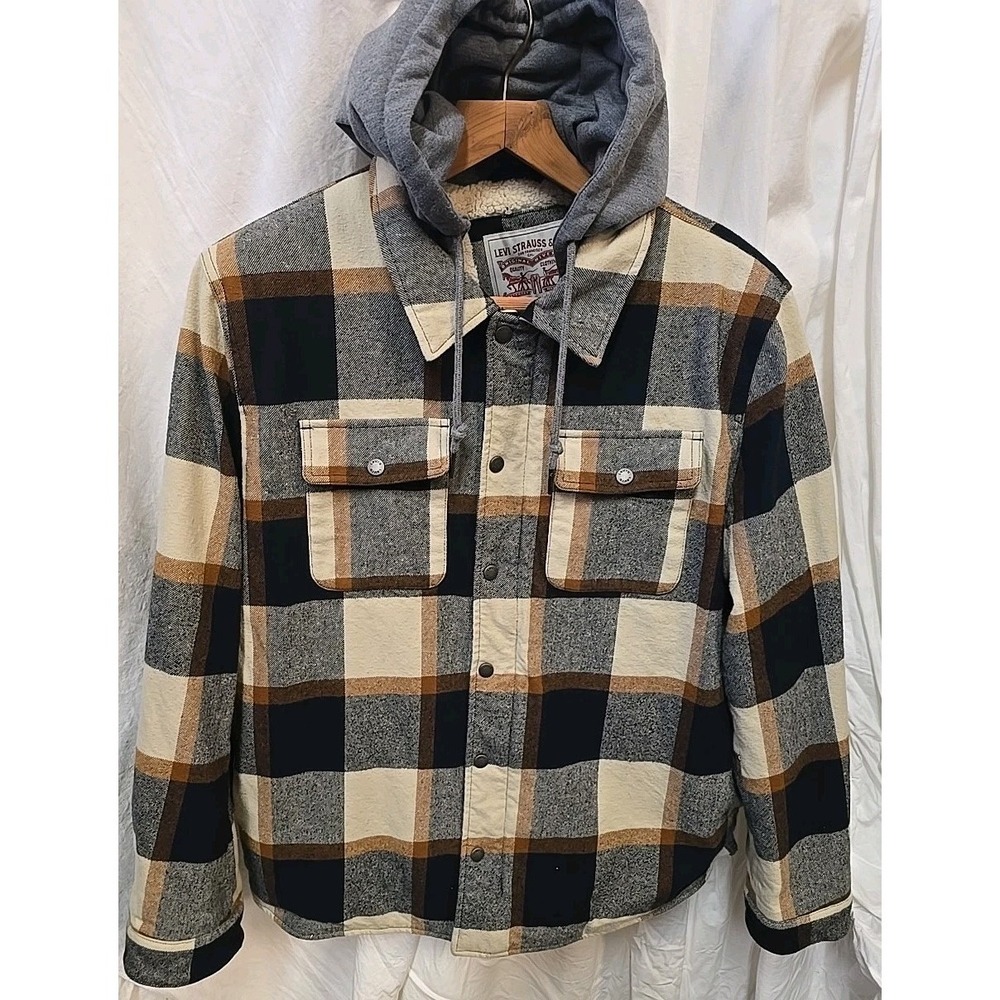 Levi's Sherpa Lined Flannel Hooded Adult XL Plaid Outdoors Mountain Jacket - Picture 3 of 8